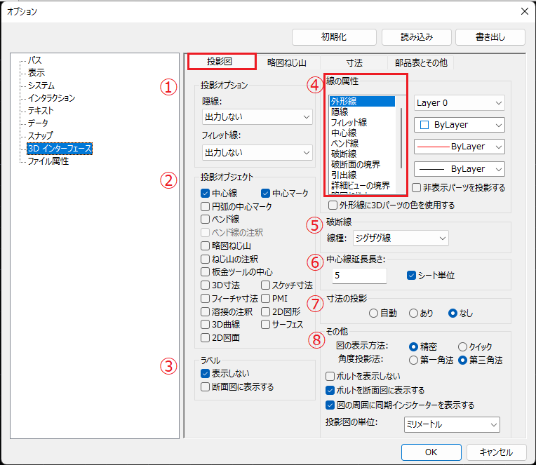 オプション 3Dインターフェース - 投影図